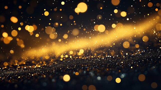 Captivating golden bokeh lights shimmer and sparkle against a dark, magical background creating an atmosphere of luxury and celebration.