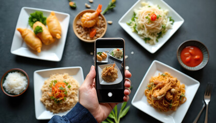 Person photographs diverse asian meal with noodles, rice, and fried shrimp. Sharing food online via mobile phone creates digital connections. Capturing dishes for food blog.
