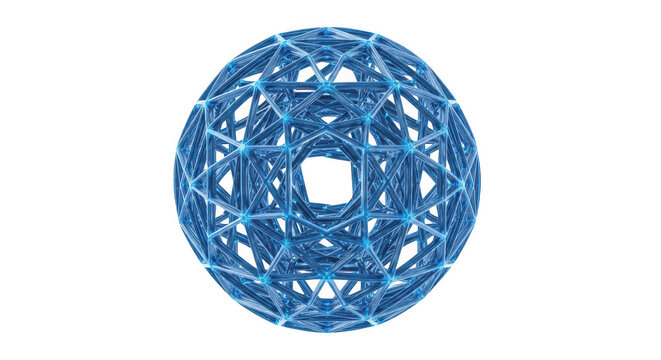 Futuristic blue spherical wireframe structure with glowing connections, representing advanced technology and complex networks. isolated on transparent background
