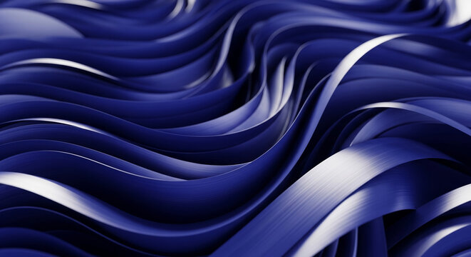 Abstract image of blue and white wavy, smooth ribbons. A flowing, dynamic composition that represents movement, flexibility, and modern design