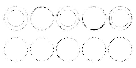 Set of ten vector grunge circular frames, rings, and stamps. Five distressed, textured double circles and dotted point circles. Elements for design, decor, printing, postal stamp.