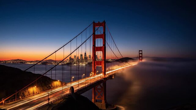 Timelapse Golden Gate Bridge transitioning from vibrant sunset to deep night. Car headlights create long light trails on highway as dense fog rolls across bay, with San Francisco skyline illuminated