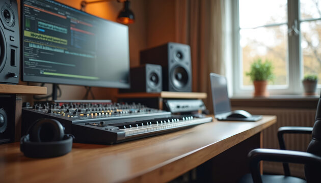 Home music production studio features keyboard synthesizer, mixing console, large monitor displaying audio software. Speakers, headphones, laptop on wooden desk by bright window. Pro workspace