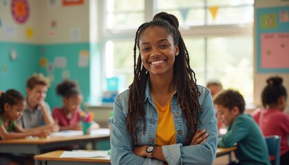 Smiling young female teacher with dreadlocks stands confidently in classroom with diverse students working at desks. Students engaged in learning activity in background. Natural daylight from window