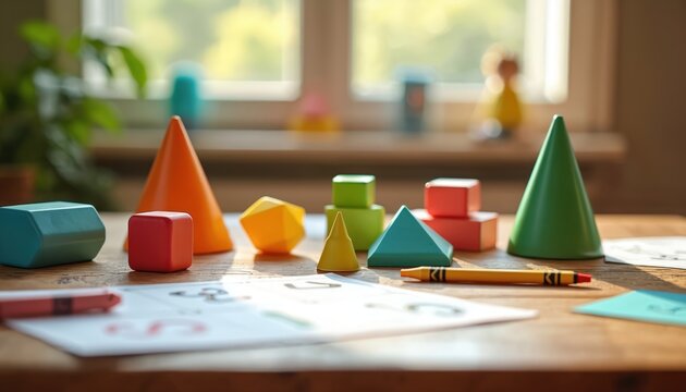 Colorful geometric blocks arranged on wooden table with paper, crayons. Childrens learning activity featuring shapes like cubes cones squares circles. Bright playful scene for preschool education