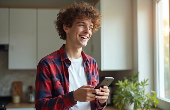 Cheerful teenage boy with curly hair uses smartphone at home kitchen. Young man laughs texting browsing social media on phone. Happy student in plaid shirt holds mobile gadget, smiling genuinely