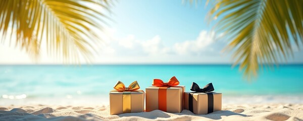 Three gift boxes with ribbons sit on a sandy beach near clear turquoise ocean water. Palm tree leaves overhang the scene under a bright blue sky.