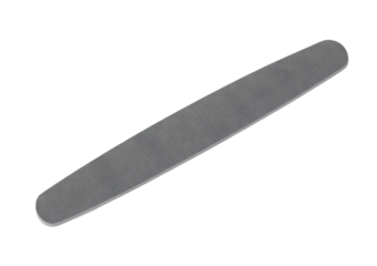 A close-up shot of a single, flat, gray metal strip with rounded ends on a white background.