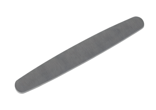 A close-up shot of a single, flat, gray metal strip with rounded ends on a white background.