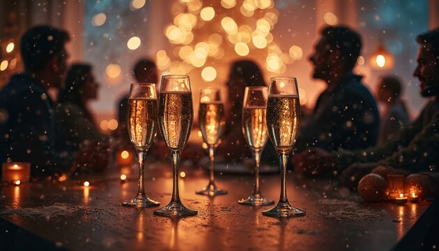 Champagne flutes filled with sparkling wine stand on table in dimly lit room. Silhouettes of people celebrate festive holiday party with warm bokeh lights. Guests enjoy drinks during special evening