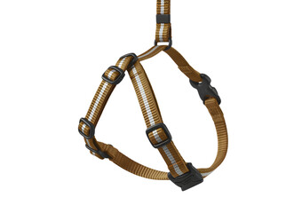 Brown dog harness with reflective stripes on a white background.