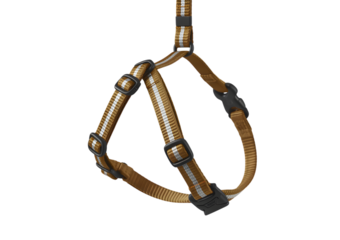 Brown dog harness with reflective stripes on a white background.