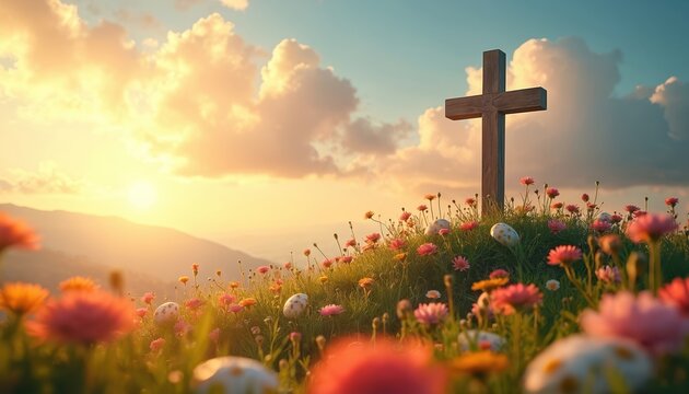 Wooden cross on grassy hill dotted with blooming flowers and easter eggs. Soft sunrise light illuminates landscape with clouds. Hopeful spring scene.