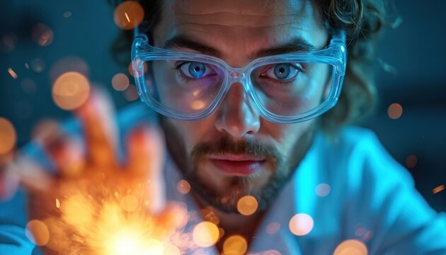 Man in safety glasses works with glowing particles in lab. Researcher develops new substances, makes discovery, conducts experiment. Science, innovation, deep thought.