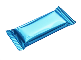Shiny blue candy bar wrapper isolated on transparent background