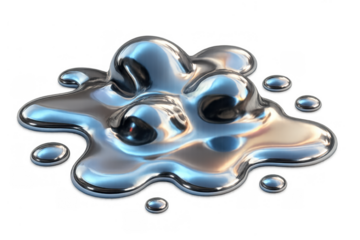 Liquid metal blob reflecting light, silver quicksilver design element with transparent background