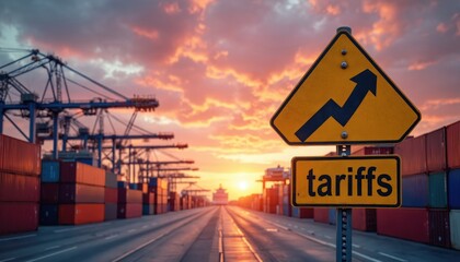 Commercial shipping port with stacks of cargo containers. Road signs show rising tariffs and economic graph. Sunset sky casts orange light on industrial cranes and logistics hub.