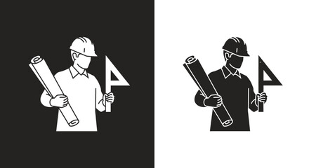 Architect Engineer Vector Logo Icon with Hard Hat Blueprint and Ruler for Construction Company Branding