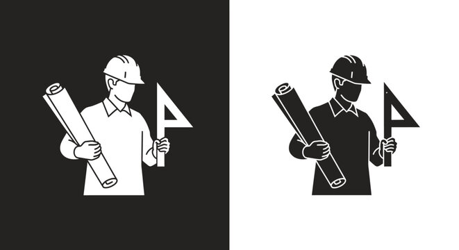 Architect Engineer Vector Logo Icon with Hard Hat Blueprint and Ruler for Construction Company Branding