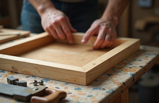 Carpenter hands build wooden frame on workbench in carpentry shop. Man assembles wood joinery, crafts timber structure. Worker busy in workshop creating construction. Close up detail of craft work,