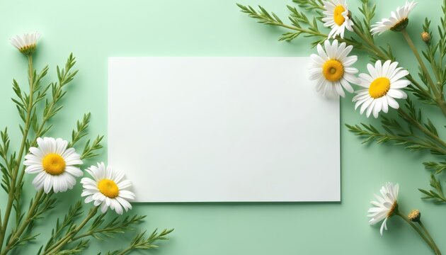 Blank card mockup framed by daisies and green stems on soft pastel background. Perfect for spring invitations greeting cards or event announcements.