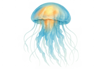 Blue and yellow watercolor jellyfish swimming, ocean aquatic life, marine animal, sea creature, transparent background element