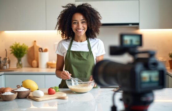 Smiling young woman with curly hair cooks in modern kitchen. Films video for food blog, mixing fresh ingredients in glass bowl. Healthy meal prep, online cooking lesson, culinary content creation,