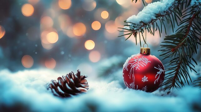Stunning red Christmas ornament glistens on snowy pine branch with warm bokeh lights creating magical winter holiday ambiance