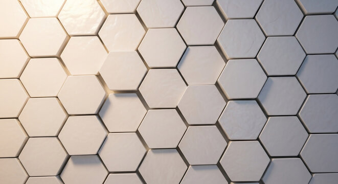 Abstract honeycomb structure, arrangement of white hexagon tiles. Represents modern design, regularity, organization, structure and architectural element.