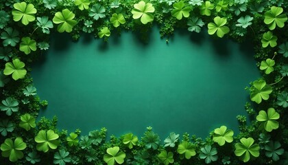 Green shamrocks and clovers frame a blank emerald space, perfect for St. Patricks Day invites. Rich foliage suggests Irish luck and nature, offering a festive background for celebration graphics.