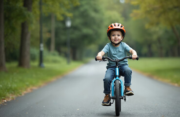 Obraz premium Cheerful little boy in helmet rides his first bike on park path. Happy kid learns to cycle outdoors. Cute smiling toddler enjoys active summer, practicing his new skill on bicycle, having fun.