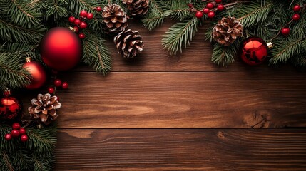 Festive Christmas border with lush evergreen branches, vibrant red ornaments, rustic pinecones, and holly berries on a warm wooden background, perfect for holiday greetings and seasonal designs.