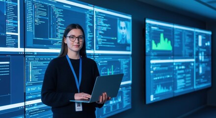 Woman with laptop standing in front of multiple screens displaying data and graphs in a dark room