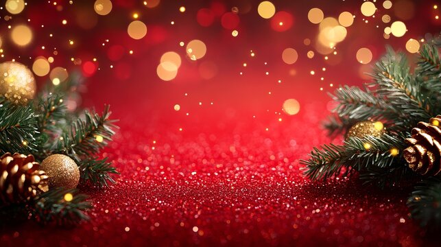Sparkling Christmas elegance with gold baubles, pine cones, and festive bokeh lights on a rich red background, perfect for holiday celebrations.