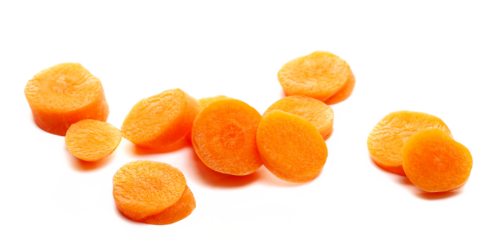 Pile fresh raw slices carrot isolated on white background, side view	 - Powered by Adobe