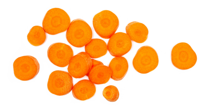 Pile fresh raw slices carrot isolated on white background, top view	