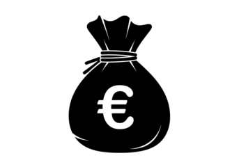 Money bag with euro symbol isolated PNG, black silhouette of sack with currency sign on transparent background, financial concept