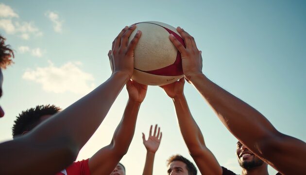 Diverse group of young men raise rugby ball high outdoors. Many hands unite on ball, showing strong team spirit, friendship. Friends celebrate success, work for common sport goal under blue sky. Feel - Powered by Adobe