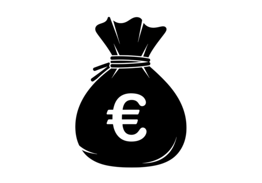 Money bag with euro symbol isolated PNG, black silhouette of sack with currency sign on transparent background, financial concept