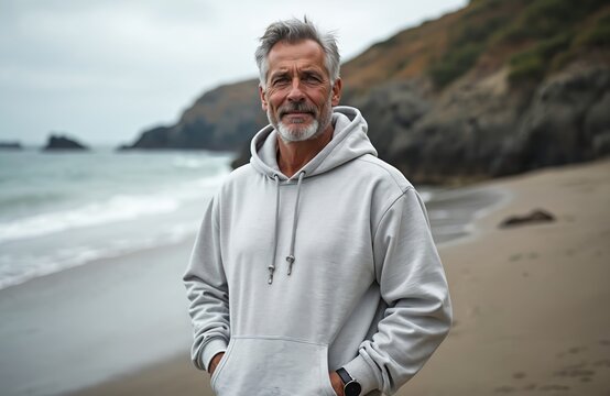 Middle aged man with grey hair and beard wears blank light grey hoodie on sandy beach. Ocean waves crash on shore behind him. His hands are in pocket.