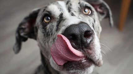 Cute dog licking, adorable puppy showing affection and happiness