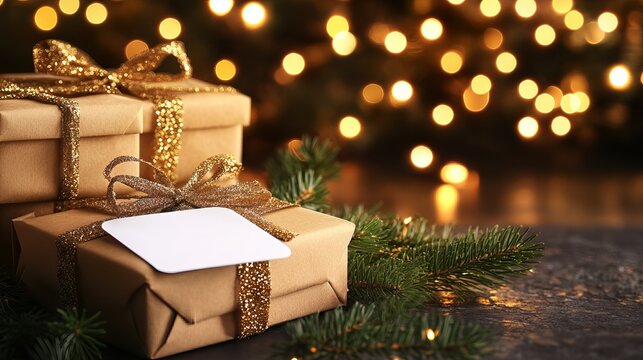 Elegant Christmas gifts adorned with shimmering gold ribbon and blank card await joyful celebration with warm bokeh lights creating festive ambiance