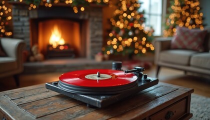 Vintage record player plays red vinyl on coffee table. Cozy living room has fireplace, Christmas tree, warm lights. Enjoying retro music and holiday season.