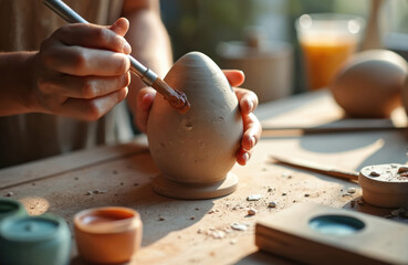 Artist paints egg form with brush in pottery studio. Hands shape clay object on wooden table. Creative hobby, handcraft process, wet mud details.