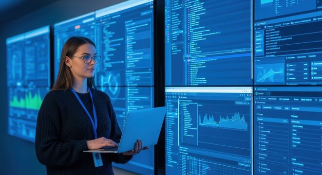 Woman with laptop in front of large screens displaying data and code in a modern tech environment
