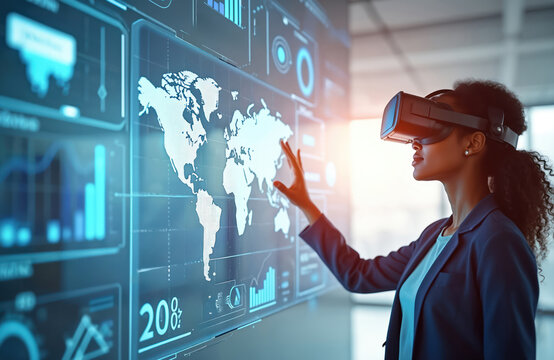Young black woman uses virtual reality headset and touches global data map on screen. Female student studies with vr device and interactive world map. Person learns with augmented reality technology.
