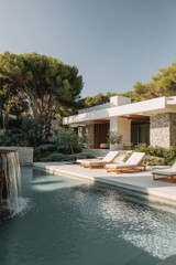 Experience the tranquility of a contemporary villa featuring a sparkling pool and vibrant, lush gardens, nestled in a peaceful setting perfect for relaxation and outdoor enjoyment during the day