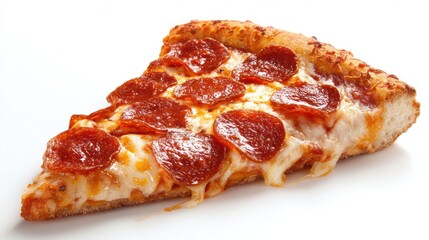A tempting slice of pepperoni pizza showcases gooey cheese and a golden crust ready to be enjoyed.