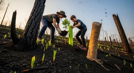 Two children engage in reforestation, planting a young tree amidst scorched earth and emerging green sprouts, symbolizing hope and renewal after wildfire devastation