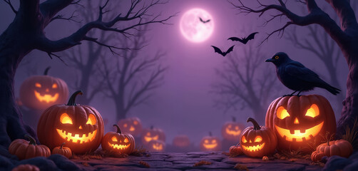 Fototapeta premium Spooky halloween scene with glowing carved pumpkins and black crow on branch under full moon. Bats fly in purple misty night sky. Bare trees add to eerie atmosphere. Festive fall harvest decoration.